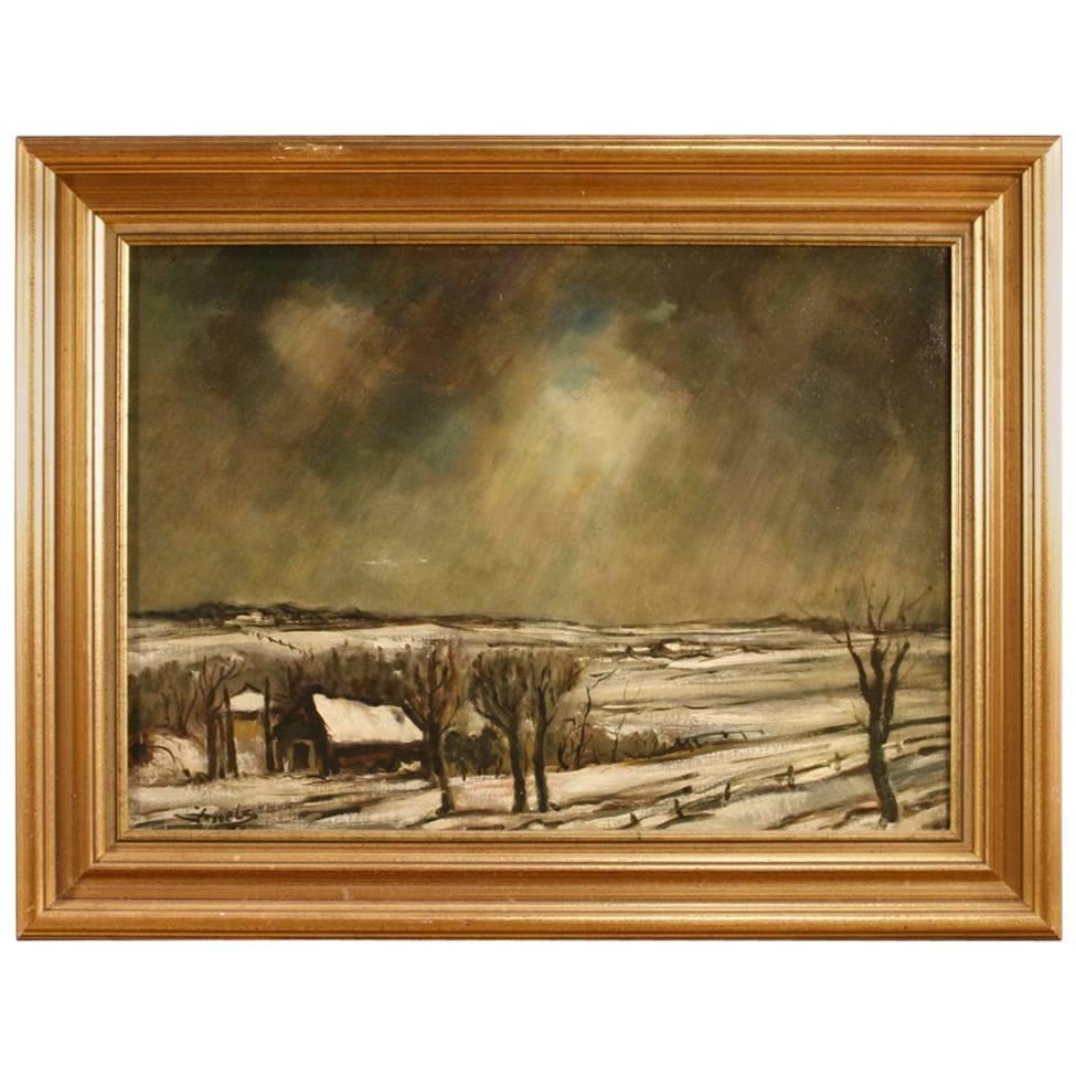 20th Century Oil on Canvas Dutch Signed Painting Winter Landscape, 1970