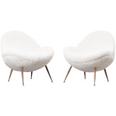 1950s White Faux Fur on Brass Legs Lounge Chairs by Fritz Neth