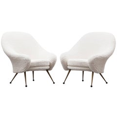 1950s White Faux Fur, Brass Legs Lounge Chairs by Marco Zanuso