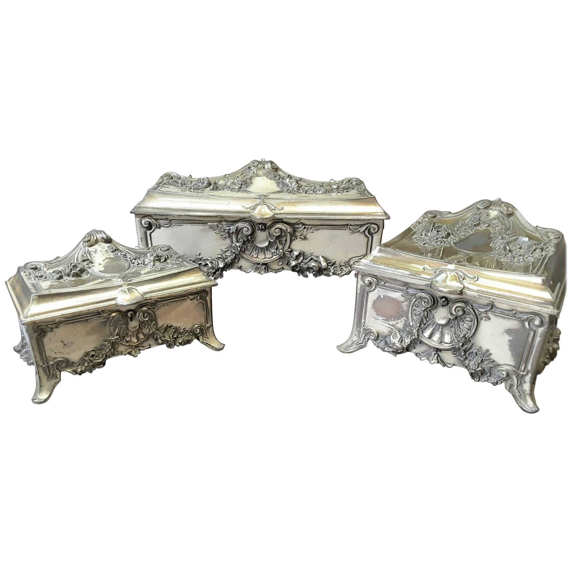  Art Nouveau Pewter Jewelry Caskets by W.B. Mfg. Co./Weidlich Bros. For Sale