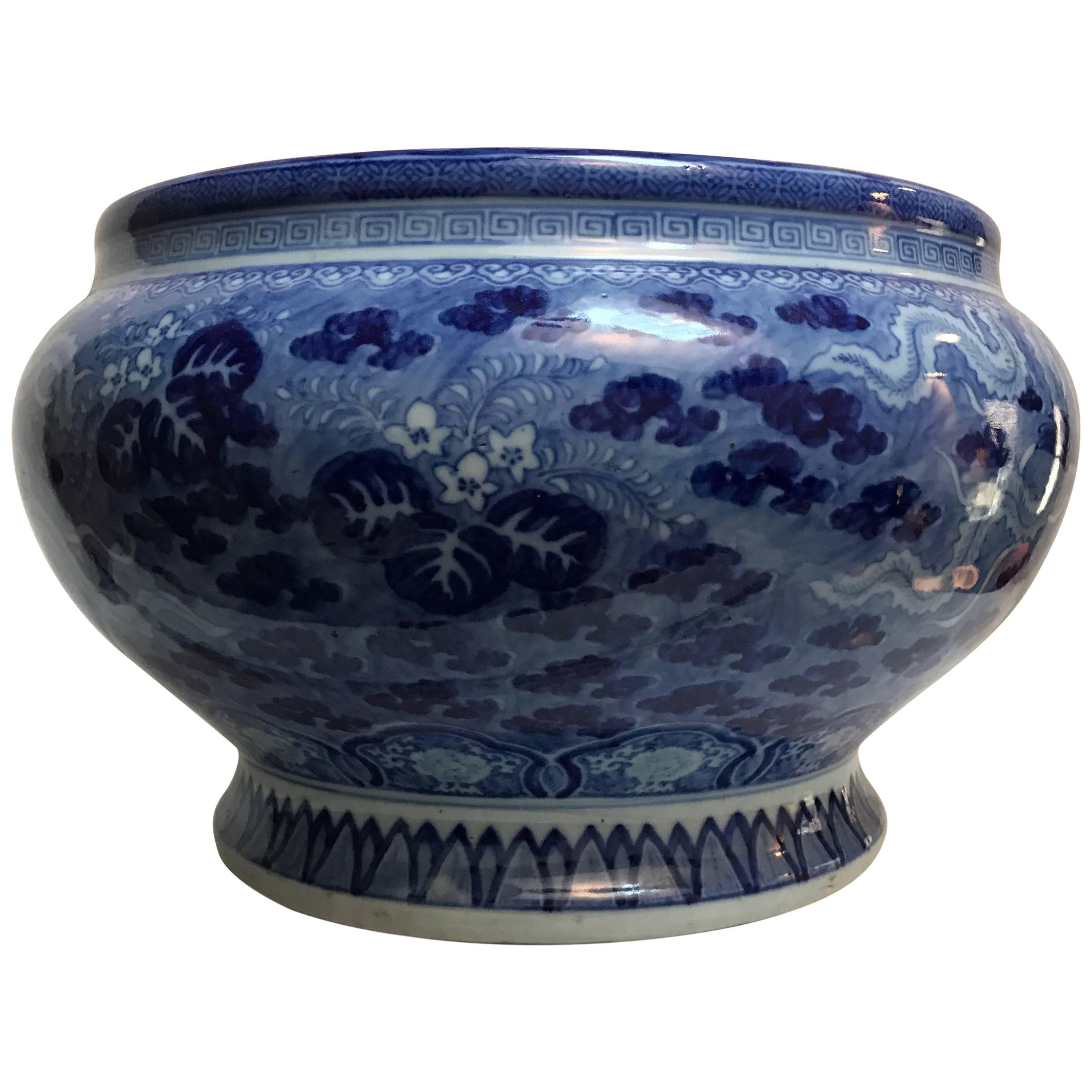 Japanese Blue and White Ceramic Fishbowl Planter Jardinière Cachepot