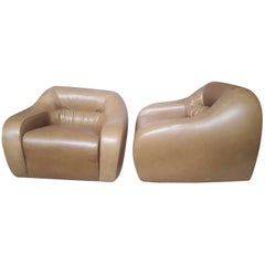 Pair of Armchairs, Light Brown Leather, circa 1970, Italy