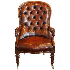 Antique Victorian Turned Leg Leather Reading Chair