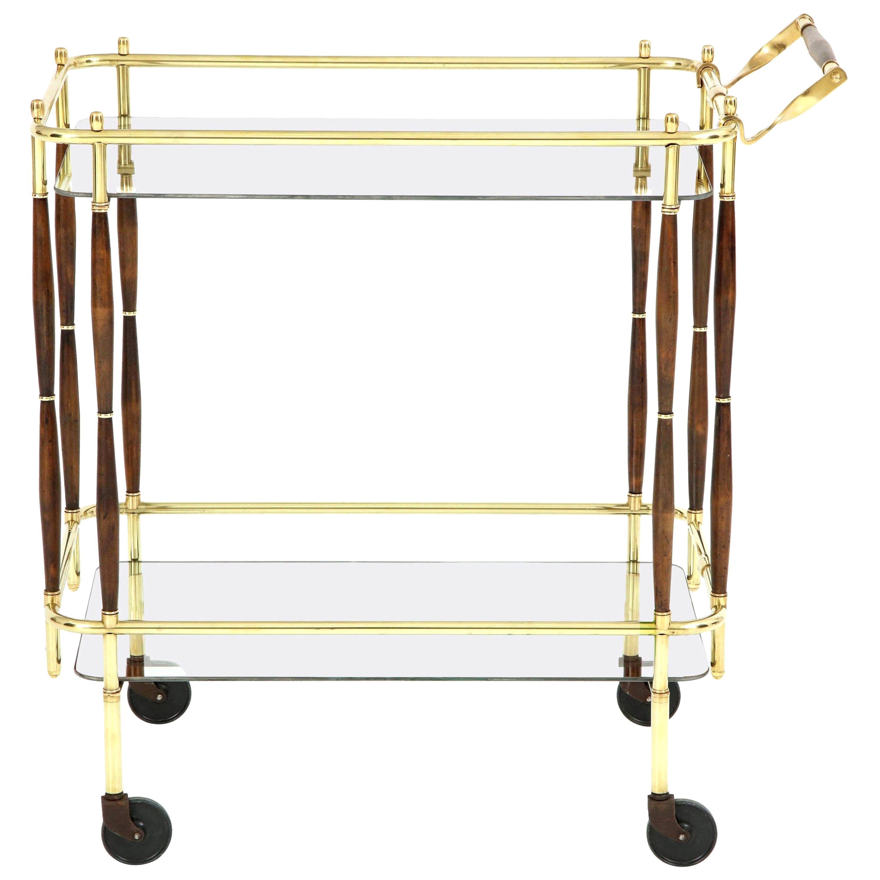 Bar Cart, Mid-Century Modern, Brass with Dark Wood Details, American Bar, C 1950 For Sale