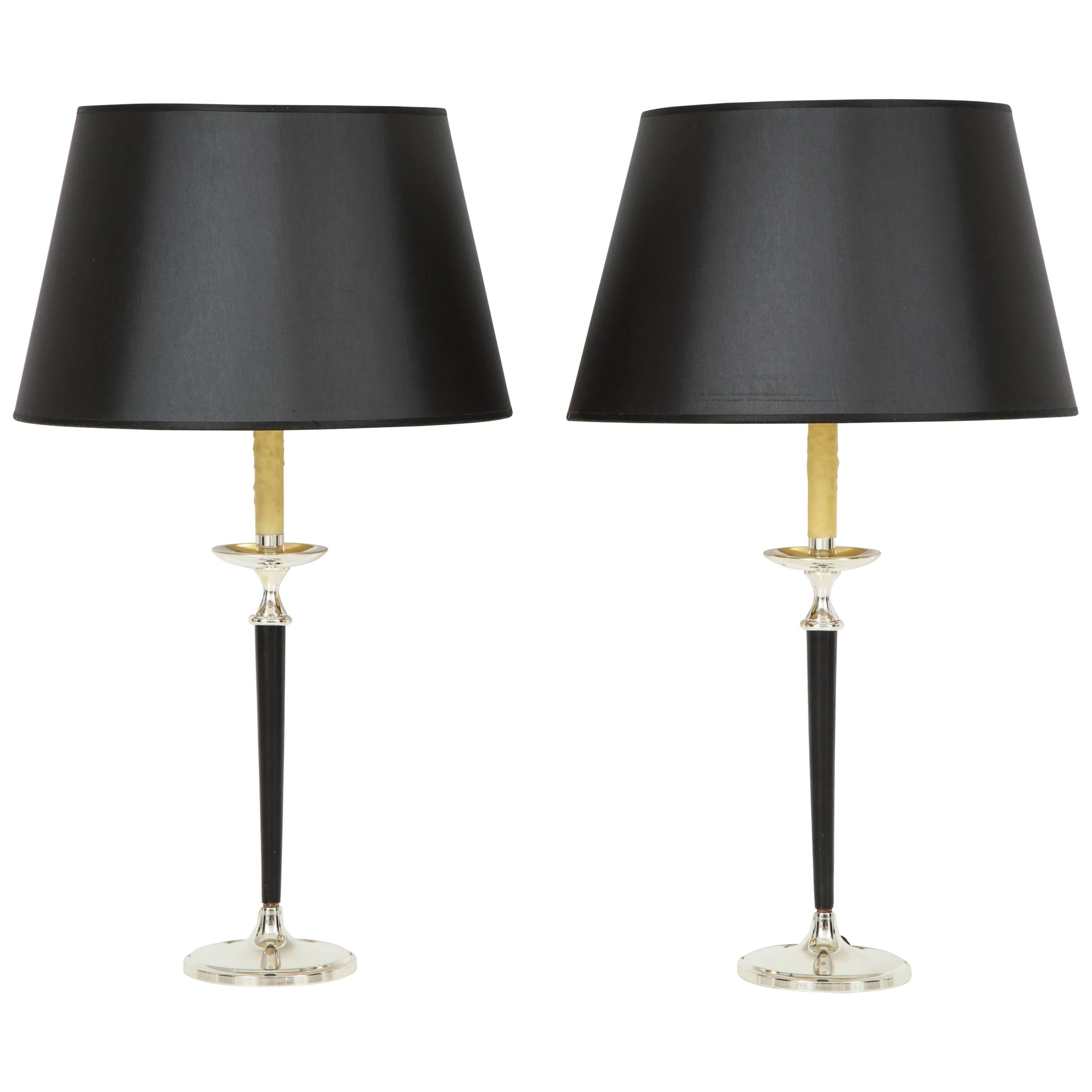 Pair of Leather and Silver Lamps in the style of Andre Arbus For Sale