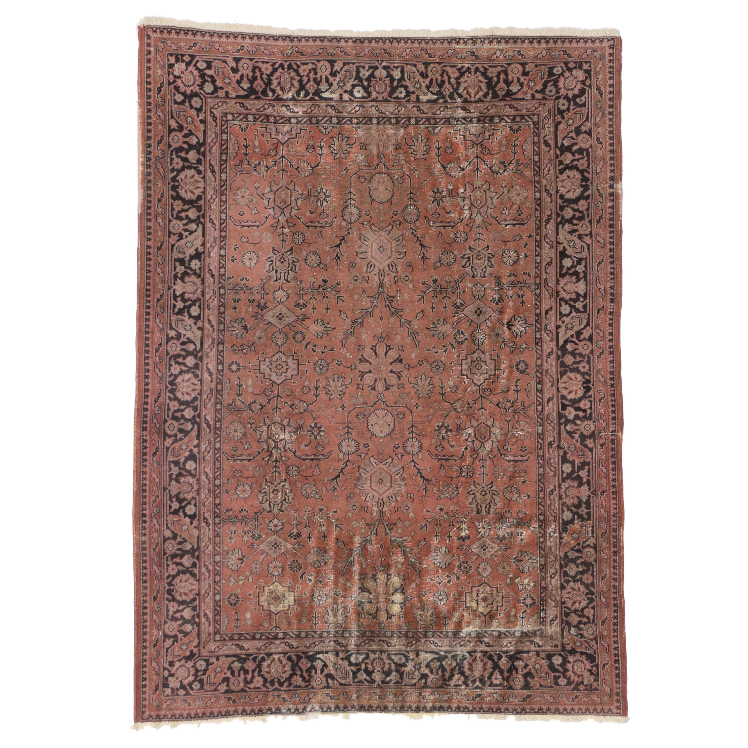 Distressed Vintage Turkish Rug with Romantic Swedish Farmhouse Style For Sale