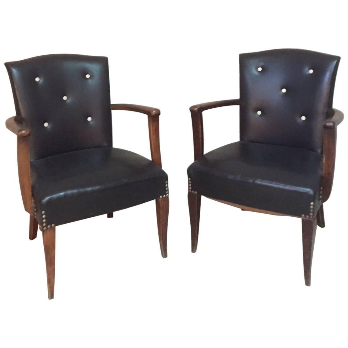 Pair of Black Leatherette Lounge Chairs, 1940s