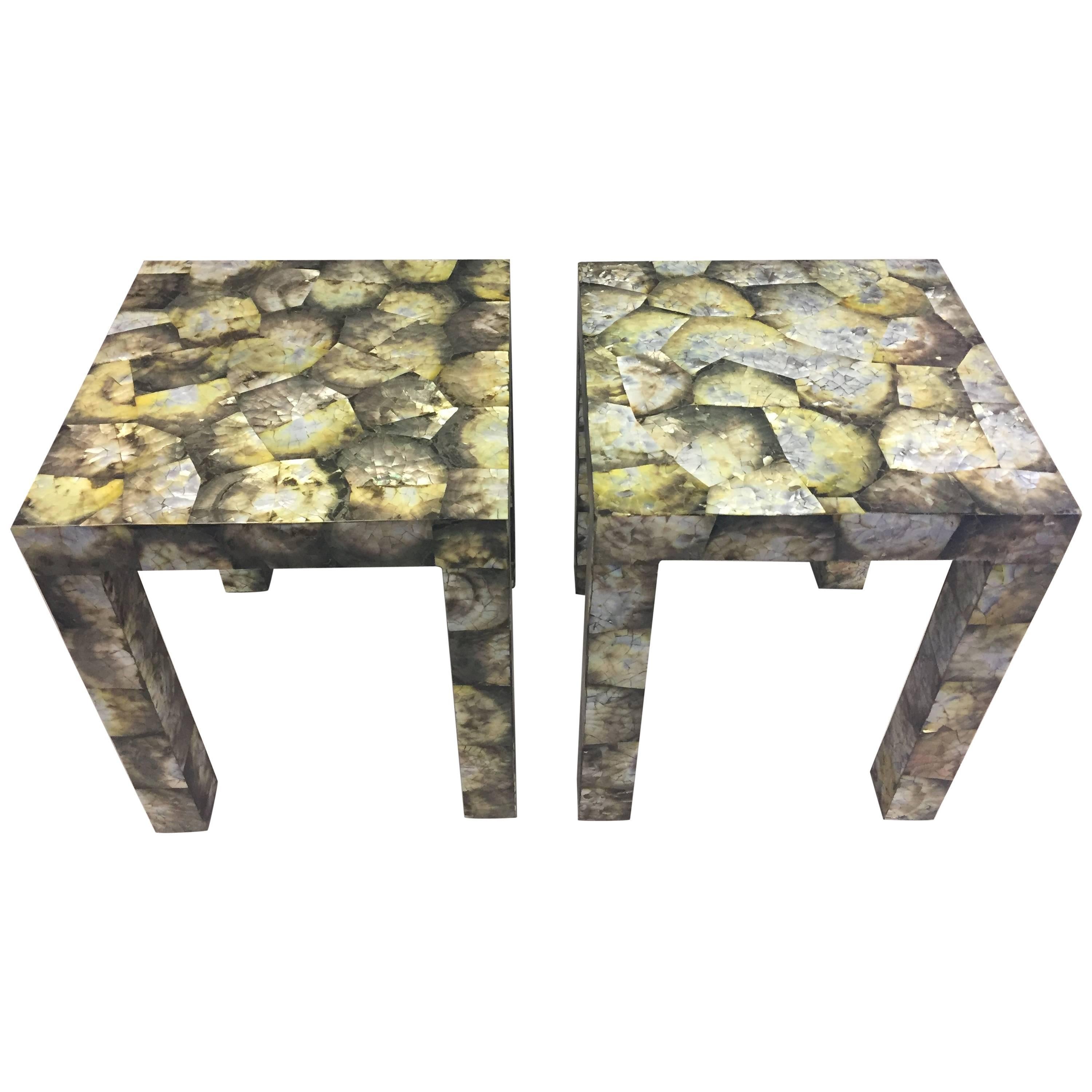 Glamorous and Rare Pair of Pristine Abalone Shell Parsons Style End Tables
