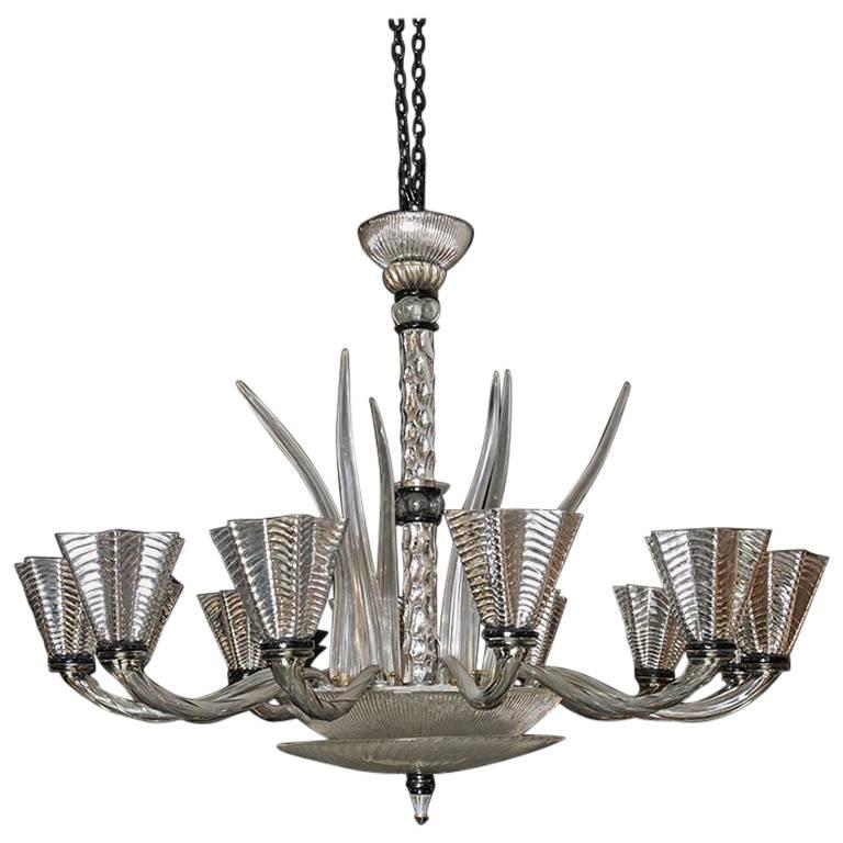 Mirrored Murano Chandelier 12 Arms, Clear Glass Horns, 1950s