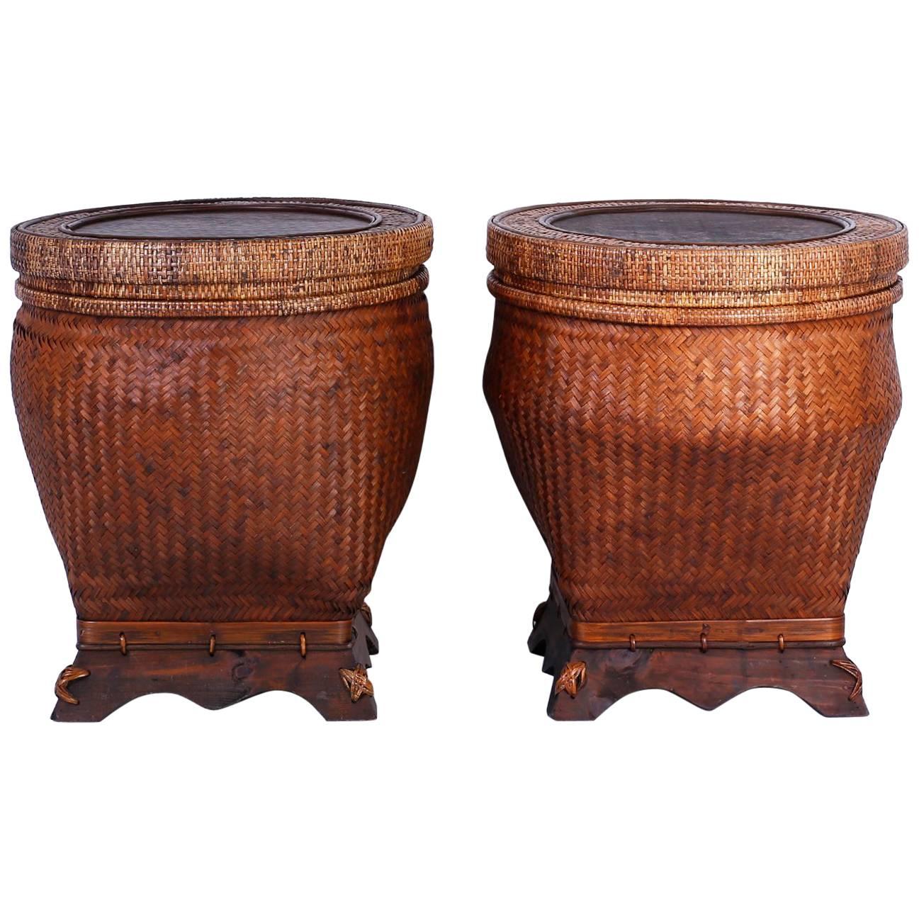 Pair of Lidded Rattan Baskets or Tables