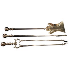 French Set of Three Polished Brass Fire Irons, 19th Century