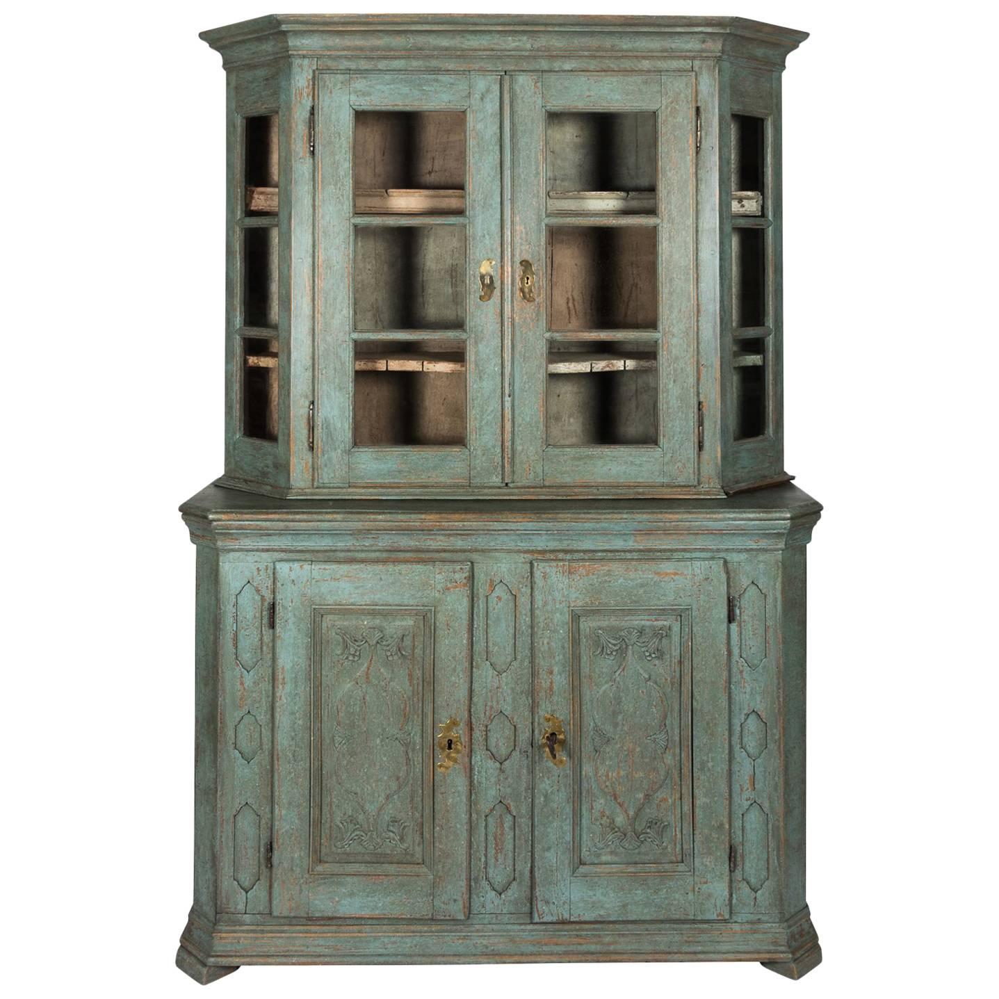 Blue Painted Baroque Display Cabinet For Sale
