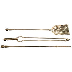 Antique French Set of Three Polished Brass Fire Irons, 19th Century