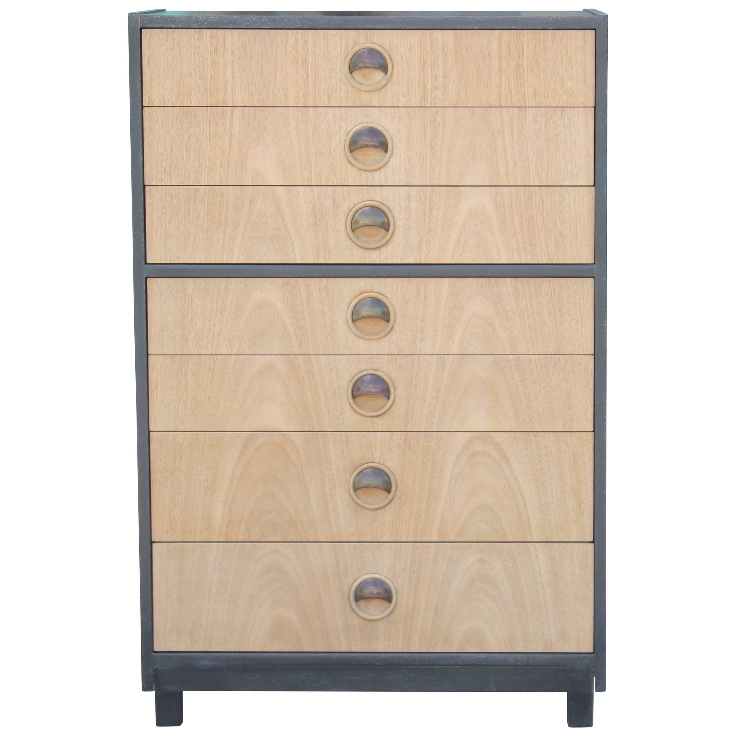 Modern Tall Two-Tone Cerused Finish Chest of Drawers and Brass Handles
