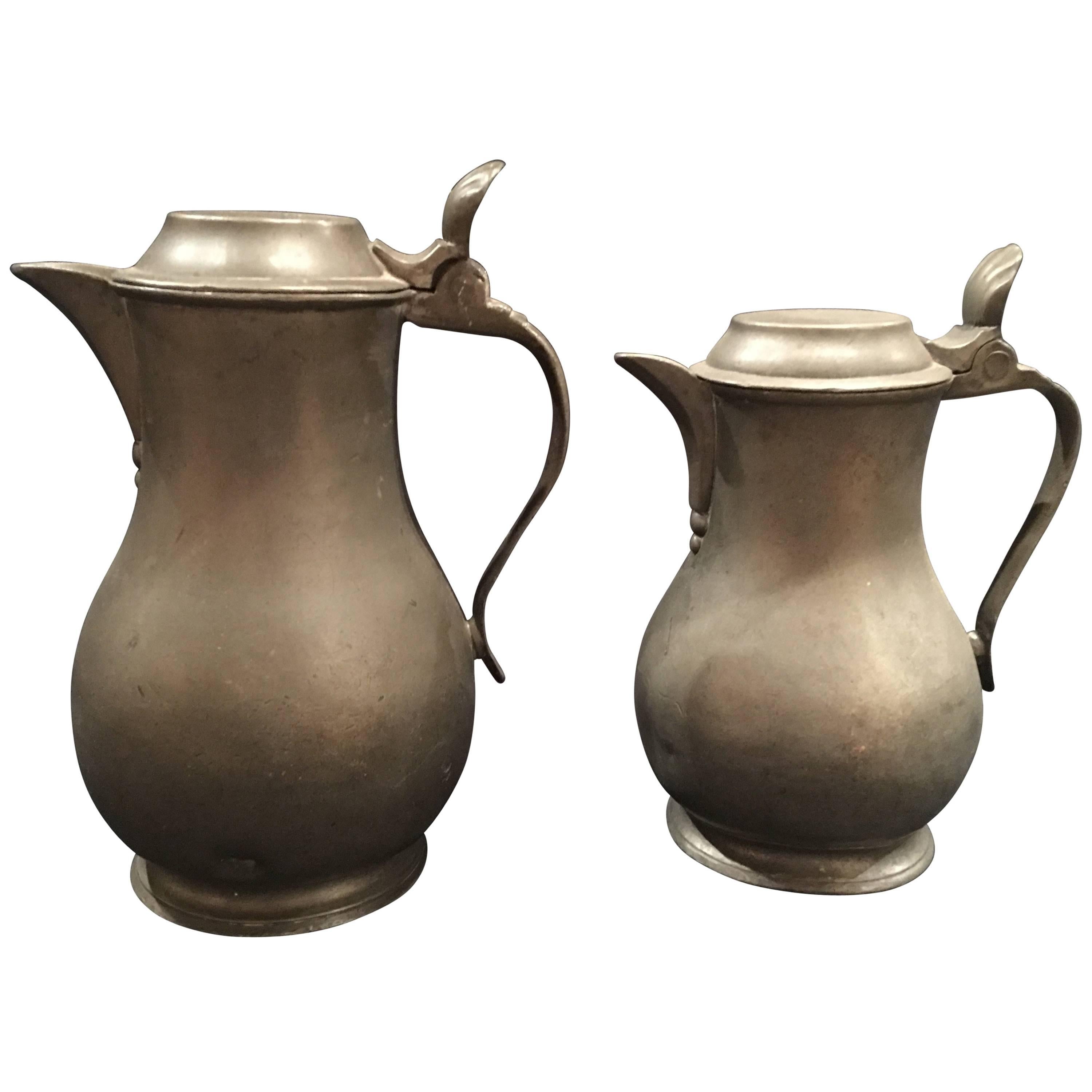 English Pair of Lidded Pewter Jugs or Tankards with Handles, 19th Century