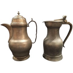 Antique English Pair of Lidded Pewter Jugs or Tankards with Handles, 19th Century