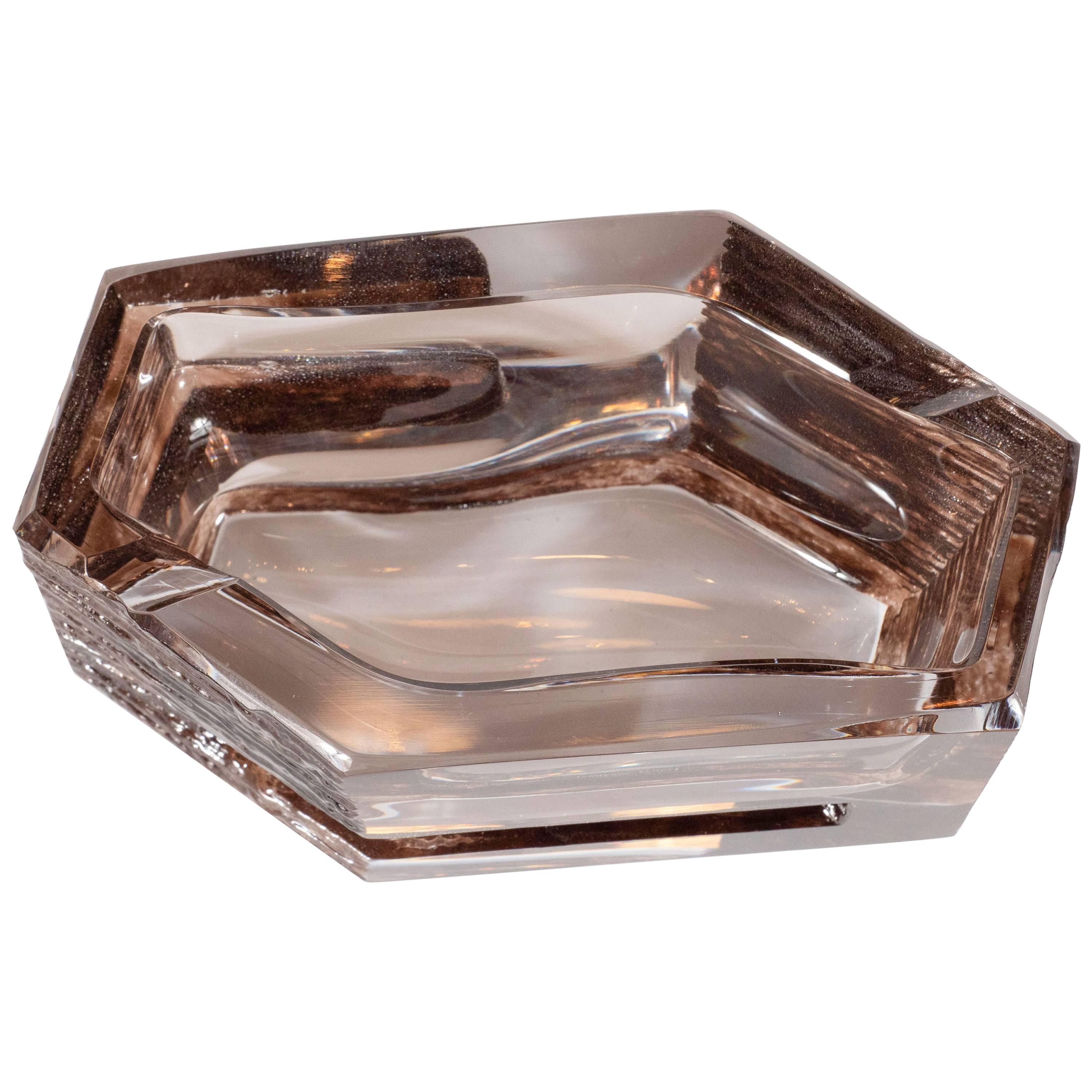 Mid-Century Modern Sculptural Hexagonal Smoked Glass Ashtray or Bowl by Daum
