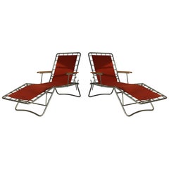 Mid-Century pair of Italian metal and brick red canvas Loungers, circa 1950