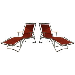 Mid-Century pair of Italian metal and brick red canvas Loungers, circa 1950