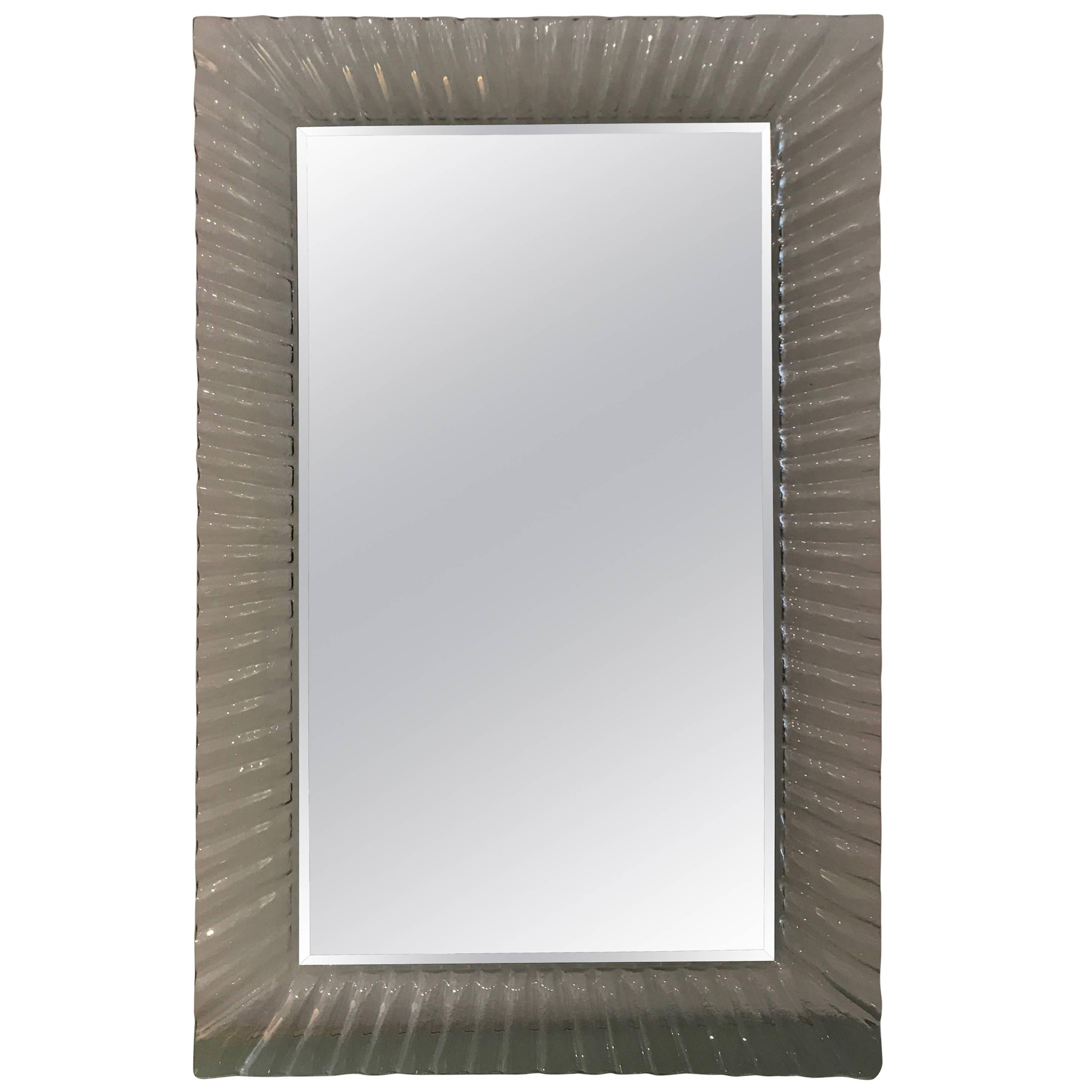 Midcentury Italian Mirror with a Fluted Clear Murano Glass Frame