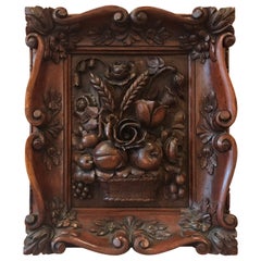 Austrian Hand-Carved Walnut Framed Floral Plaque