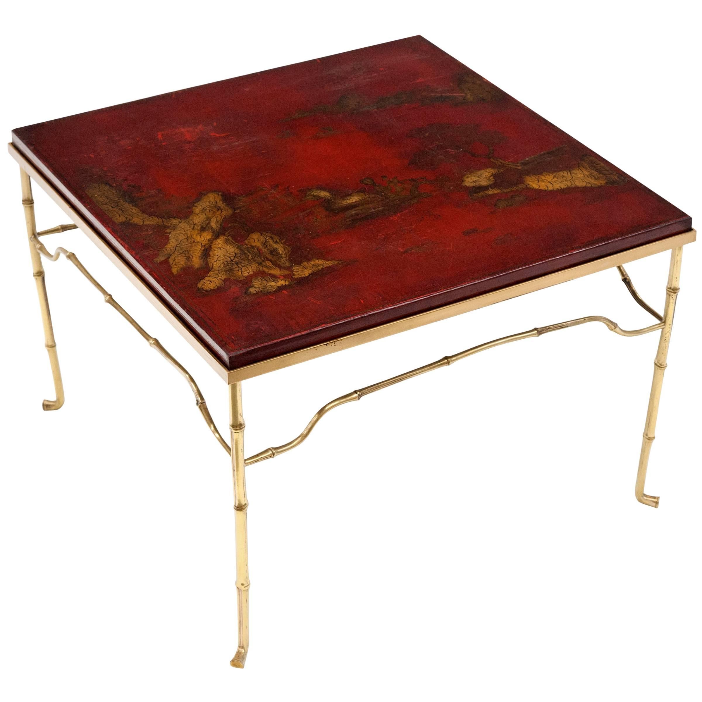 French Brass Cocktail Table with Antique Asian Red Lacquerd Top