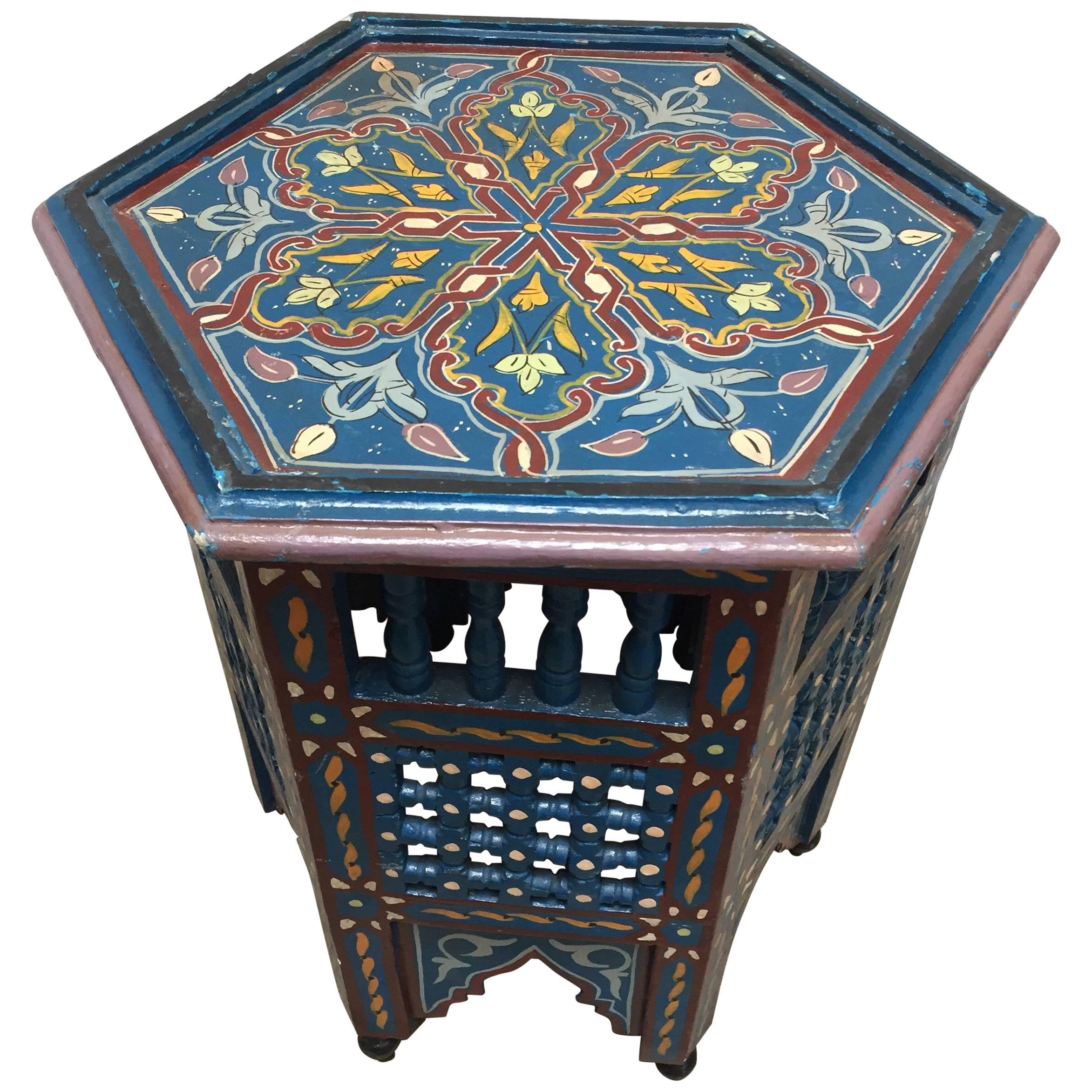 Moroccan Hand-Painted Blue Side Table with Moorish Designs