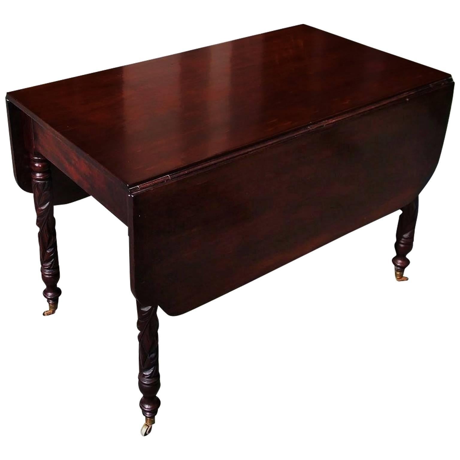 American Sheraton Cherry Acanthus Carved Drop-Leaf Table on Casters, Circa 1820