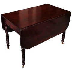 Antique American Sheraton Cherry Acanthus Carved Drop-Leaf Table on Casters, Circa 1820