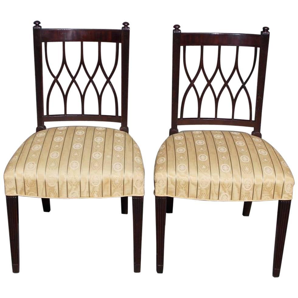 Pair of English Mahogany Sheraton Reeded and Upholstered Side Chairs, Circa 1800
