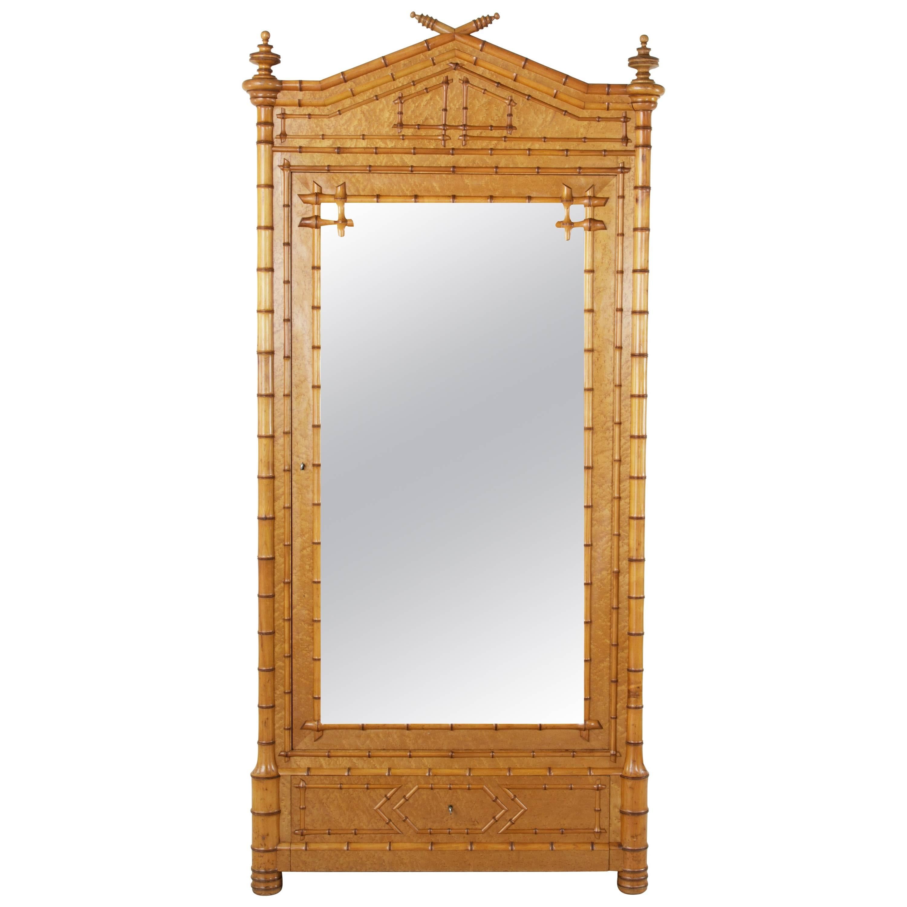 French Bird's-Eye Maple and Cherrywood Faux Bamboo Armoire with Mirror