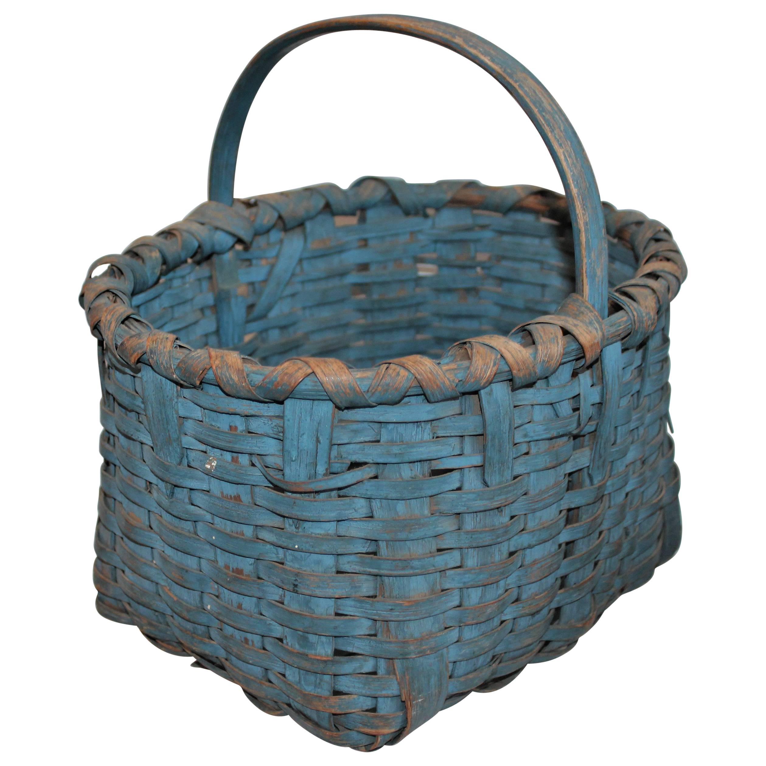 19th Century Basket Original Robin Egg Blue Painted Basket