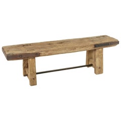 Antique Long Rustic French Oak Bench in Natural Finish with Iron Corners and Crossbar