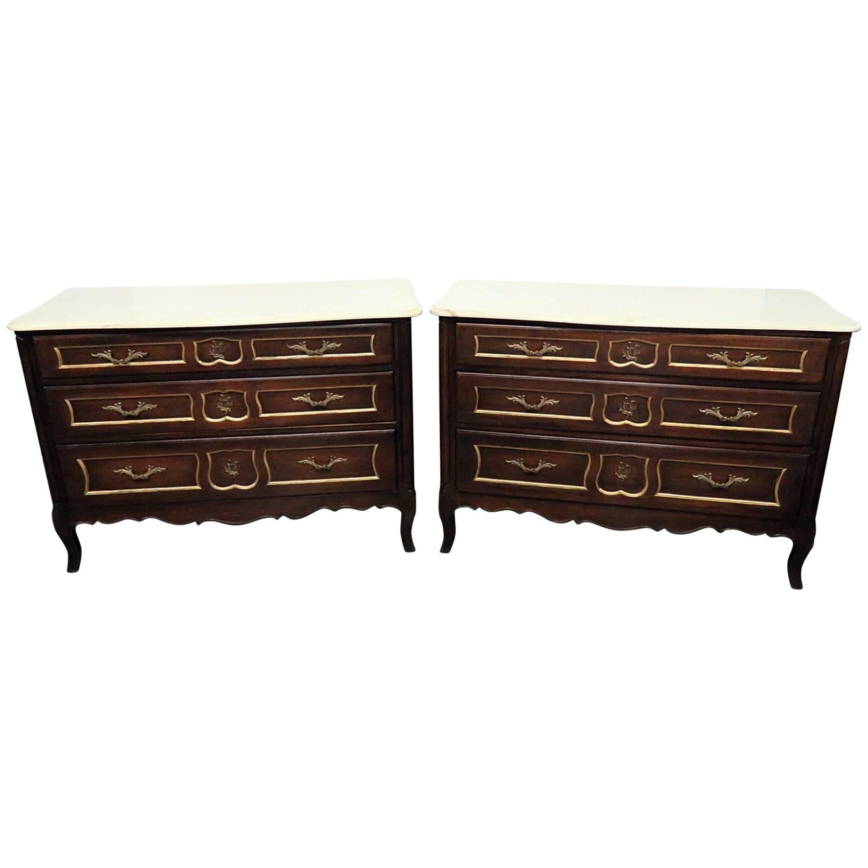 Pair of Drexel Marble-Top Commodes