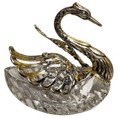 Antique Cut Crystal Sterling Silver Master Salt Swan, circa 1920