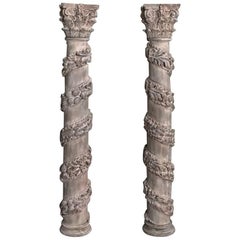 Antique Pair of 19th Century Hand-Carved Whitewashed Wood Columns