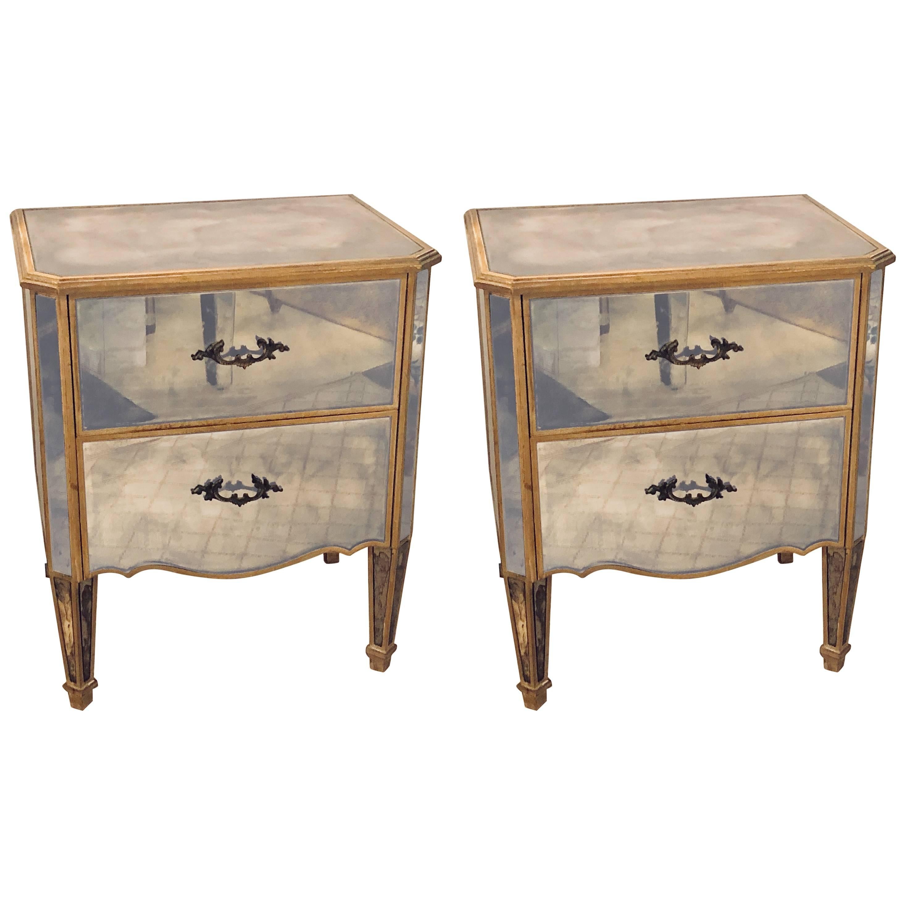 Pair of Hollywood Regency Style Vintage Mirrored End Tables or Nightstands