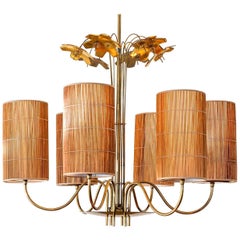 Paavo Tynell, Large Chandelier with Six Snowflakes, Brass, Reed, Taito OY, 1940s