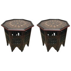 Pair of Moroccan Hand-Painted Dark Green Octagonal Side Tables