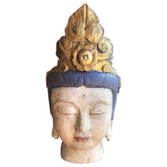Large Carved Polychrome Buddha Head Bust on Stand