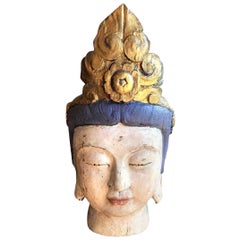Grand buste de Bouddha asiatique polychrome peint à la main sur Stand