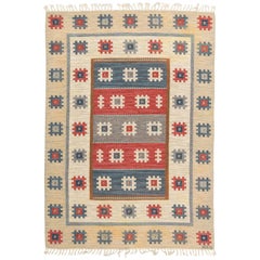 Anna-Greta Sjöqvist, Signed Flat-Weave Carpet / Rug Red, Blue, White, Beige