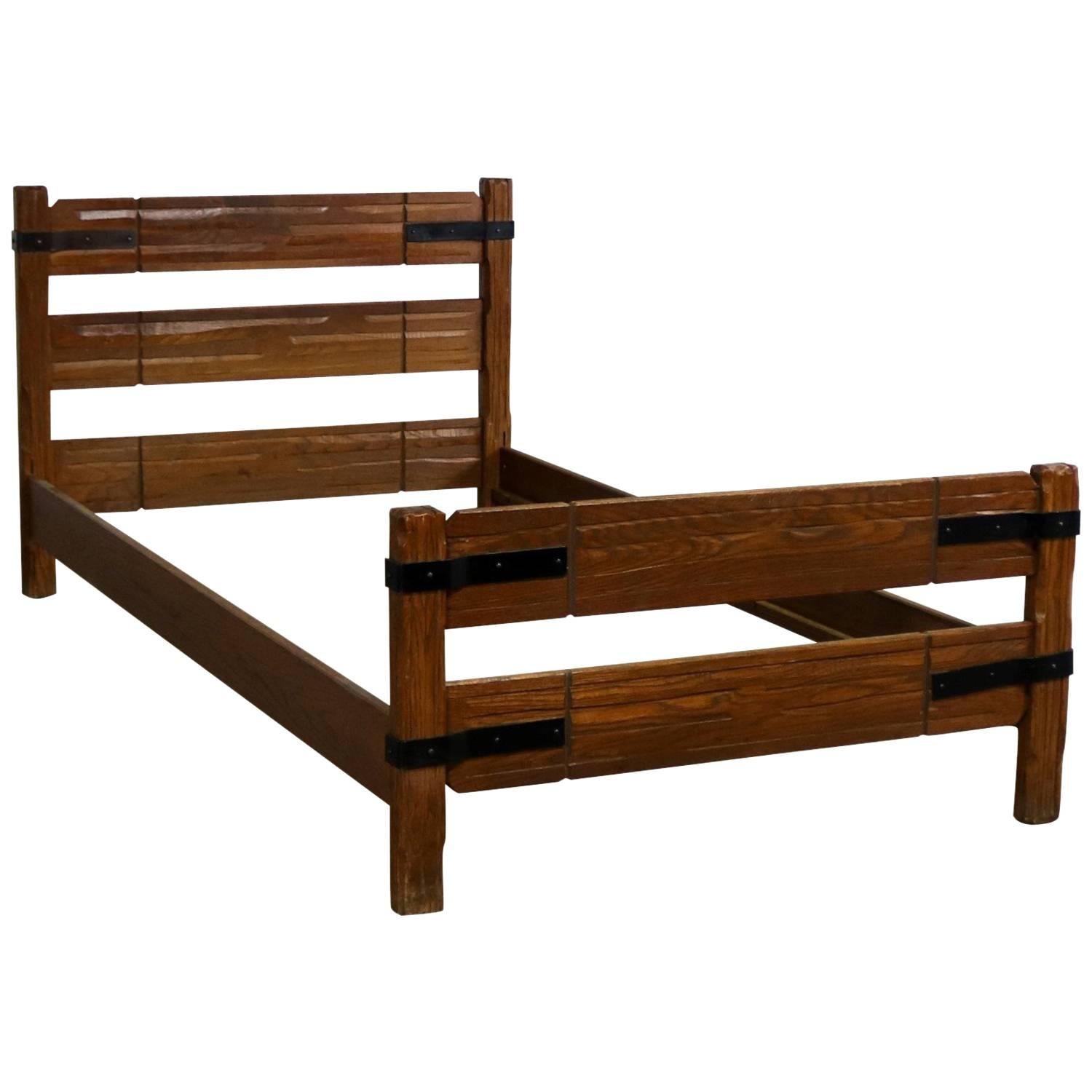 Two Ranch Oak Western Cowboy Twin Beds with Strap Details Attributed to A. Bran
