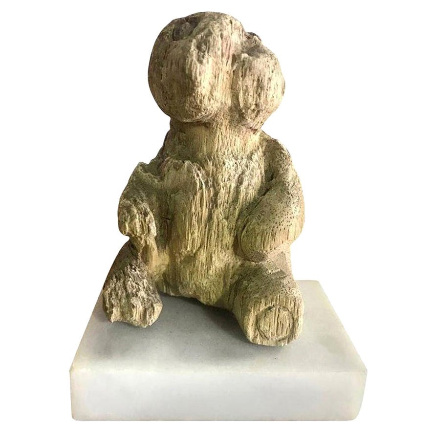 Hand Carved Wood Bear on Marble Stand