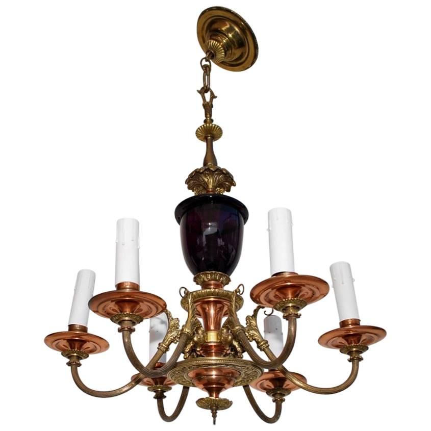 Beautiful 1930s Brass and Copper Chandelier with Purple Glass
