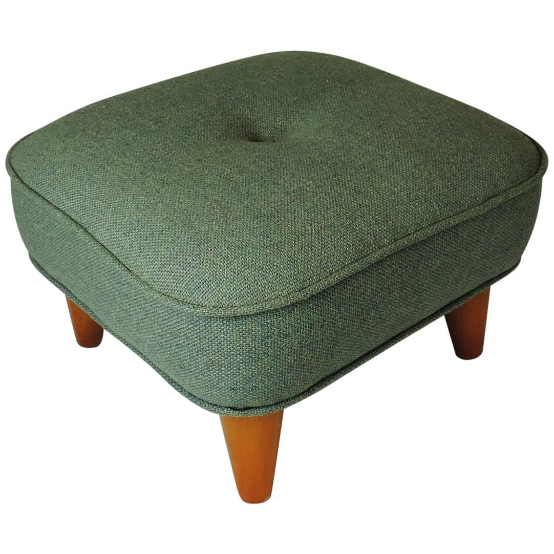 Unique Style Vintage Danish Wool Green Fabric Footstool For Sale