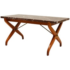 David Rosen NK Marble and Mahogany X-Legged Coffee Table