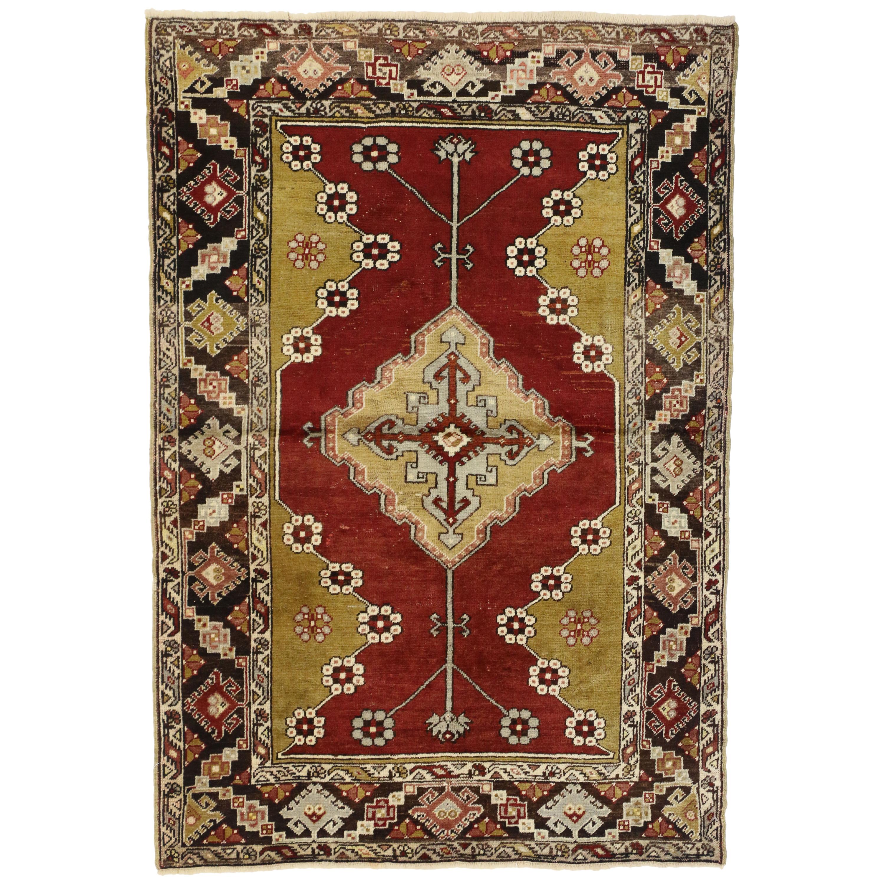 Vintage Turkish Oushak Accent Rug with Jacobean Style, Entry or Foyer Rug For Sale