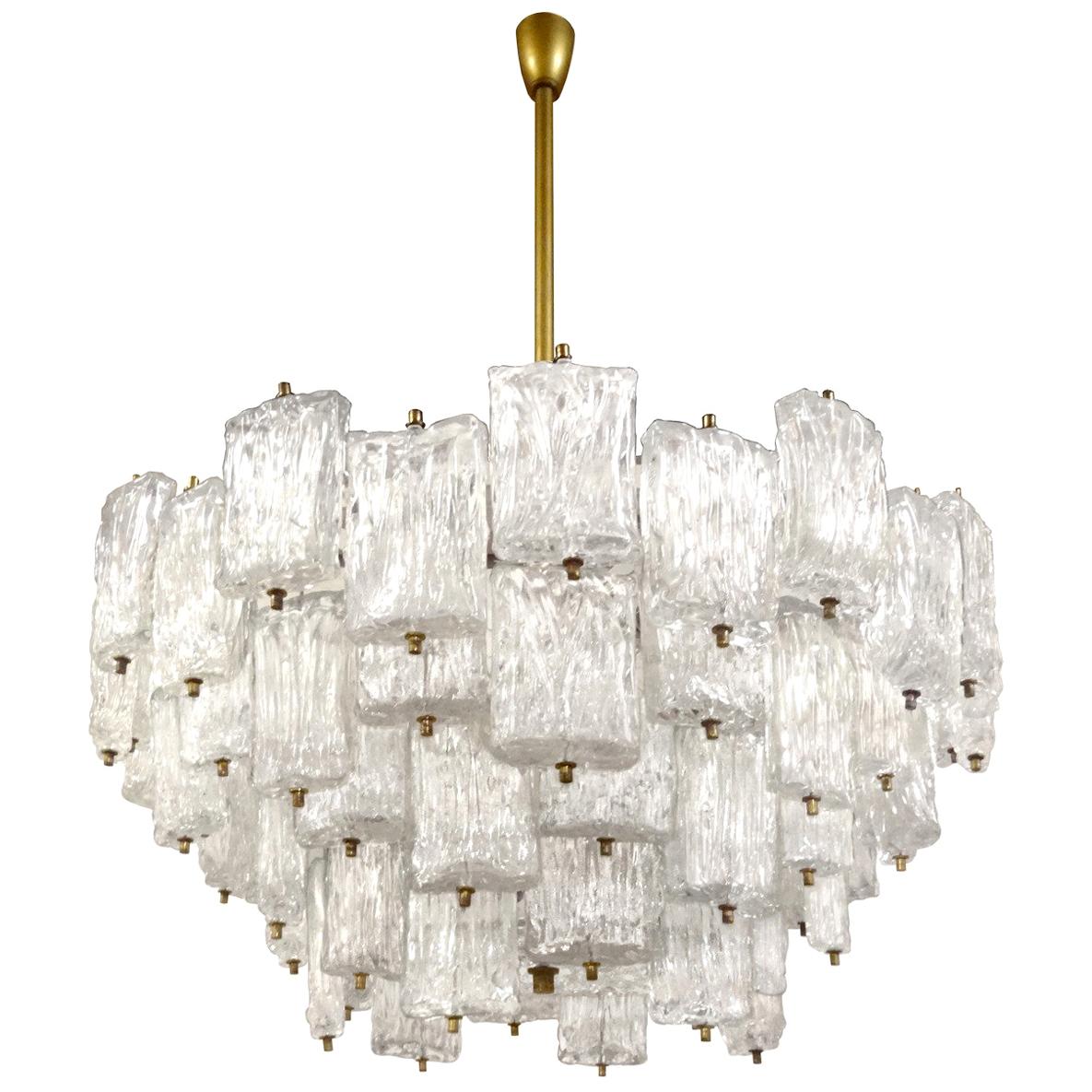 Large Venini Brass and Textured Glass Chandelier For Sale