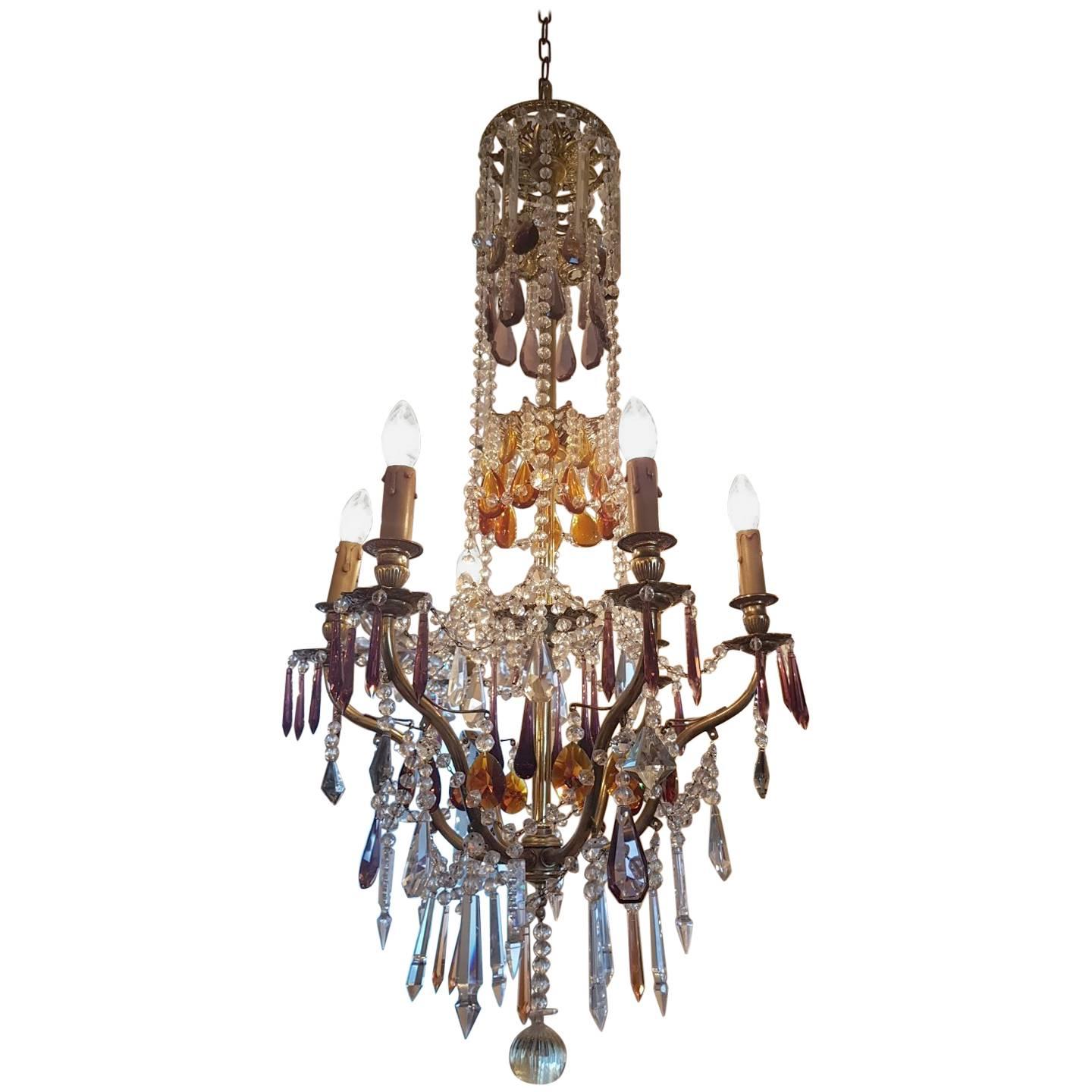 French Chandelier Made of Brass and Decorated with Colored Crystals For Sale
